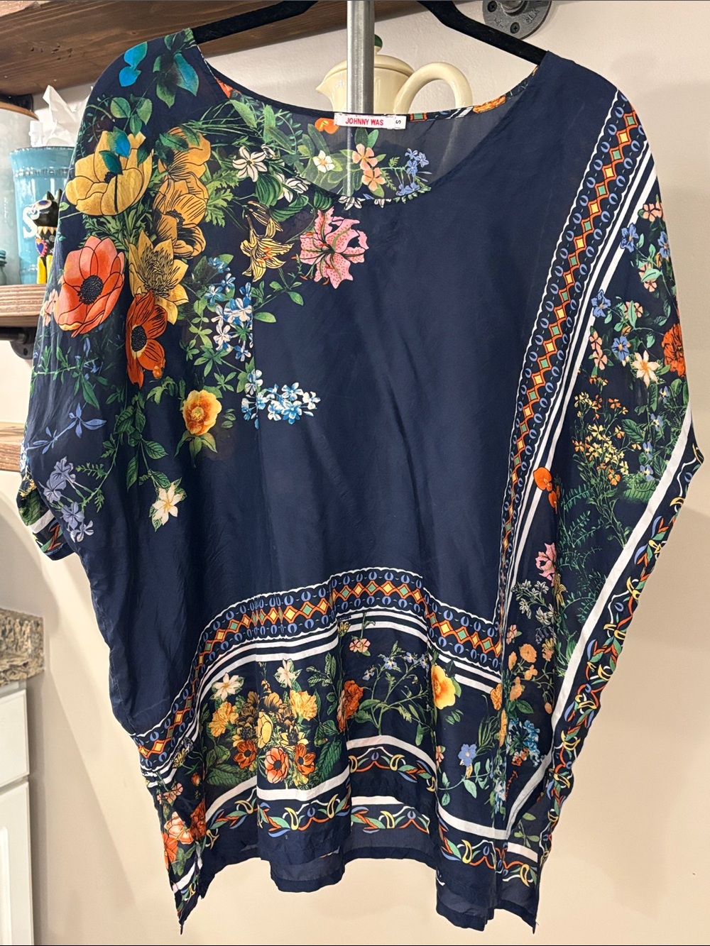 Johnny Was 100% Silk Floral Print Draped Tunic Top | Size Small
